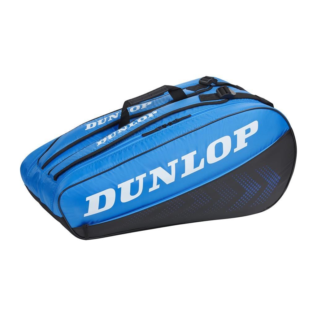 The Dunlop FX Club 10 Tennis Racket Bag in black and blue prominently displays a white logo. Perfect for practice sessions, it includes multiple zippered compartments and robust black handles to help you stay organized on the court.
