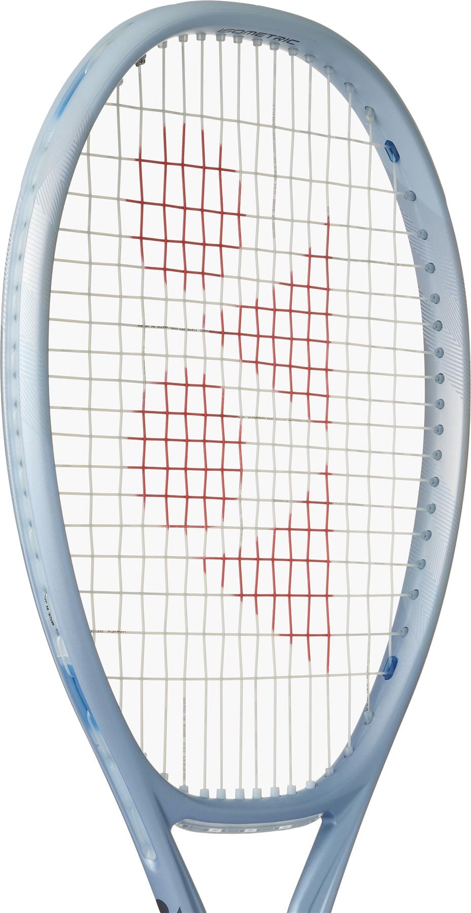 A close-up of the Yonex Muse 100 Tennis Racket showcases its light blue frame, detailed strings, and red center design—engineered by Yonex for comfort and effortless rallying on court.
