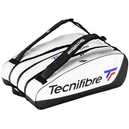 The Tecnifibre Tour Endurance 2023 15 Racket Tennis Bag in white and black, crafted from durable tarpaulin fabric, includes two shoulder straps and prominently features the Tecnifibre logo on its sides.