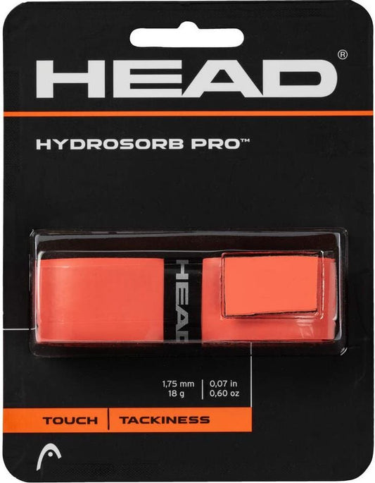 A HEAD HydroSorb Pro Replacement Tennis Grip in Solar Red, shown in black and orange packaging with 1.75 mm thickness and 18 g weight listed on the front.