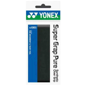 The Yonex AC108EX Super Grap Pure Overgrip (Single) in Black offers an absorbent grip designed for a tacky feel. The packaging is predominantly white with blue and green accents, highlighting the product details and the Yonex brand.