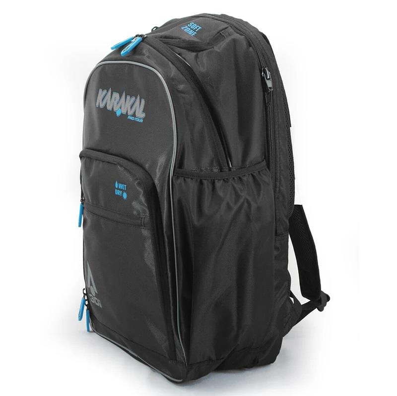The Karakal Pro Tour 30 2.1 Tennis Backpack, available in a stylish black and blue design, provides a spacious 30-litre capacity. It includes multiple compartments with zippered pockets and side pouches to keep your belongings organized. Travel comfortably with its padded shoulder straps, all while displaying the iconic "Karakal" brand and "Pro Tour" logos prominently.