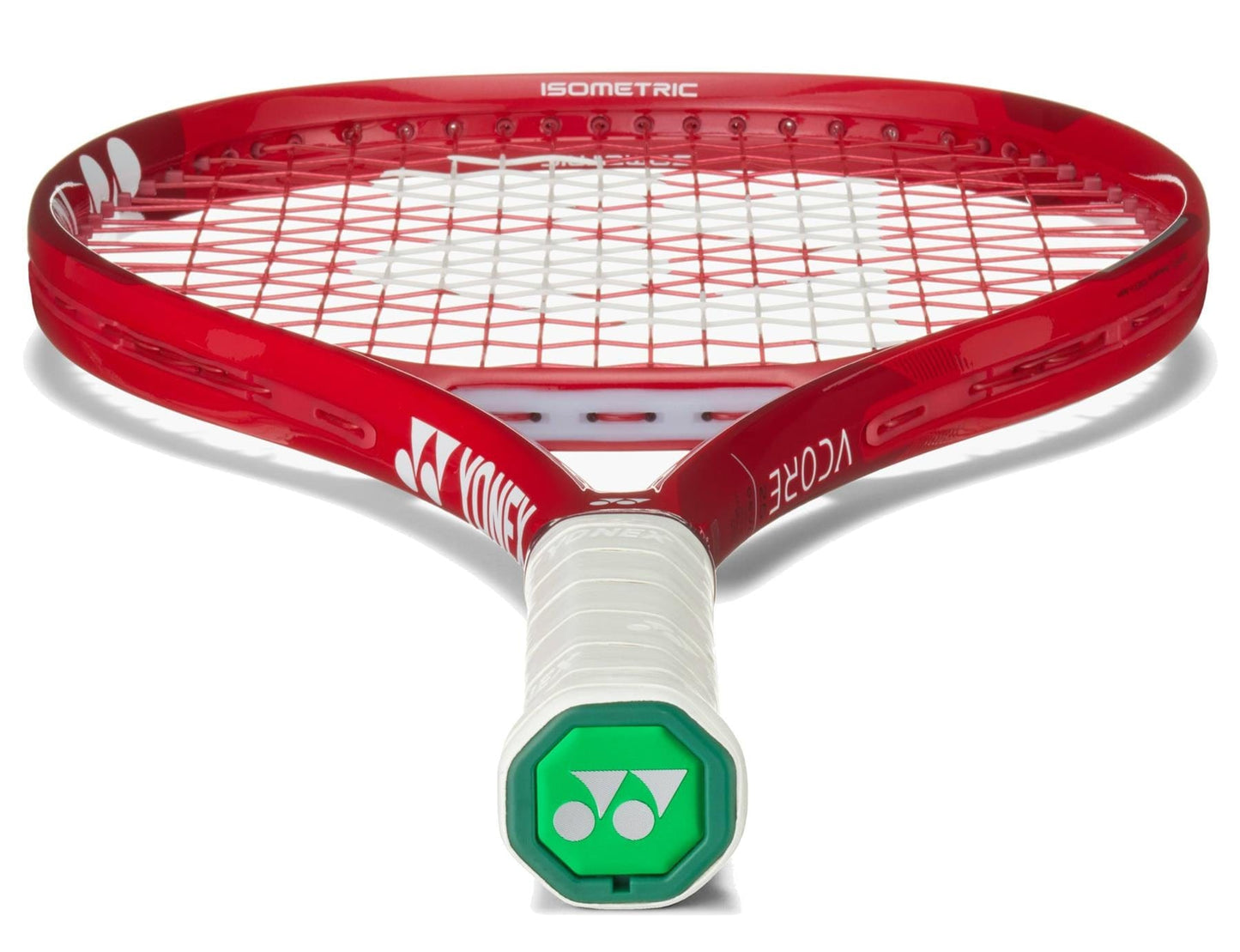 The Yonex VCORE 25 Junior Ruby Red 2026 Tennis Racket features a red graphite frame with "ISOMETRIC" at the top, white strings, a green logo on the handle base, and is shown against a white background.