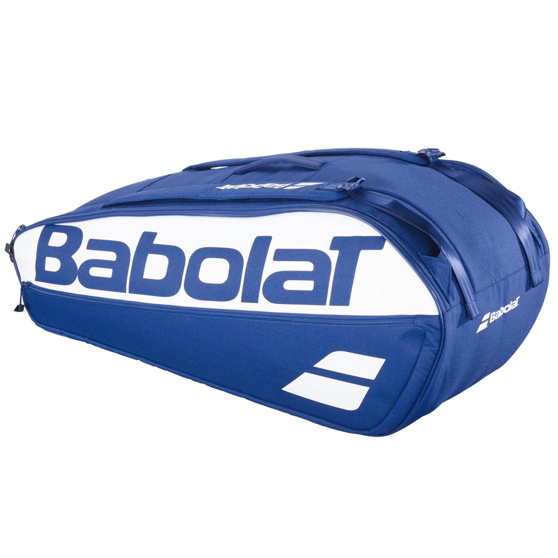 The Babolat Court L 9 Racket Tennis Bag in dark blue carries tennis rackets and gear, featuring large Babolat branding, zippered compartments, and handles for easy transport.