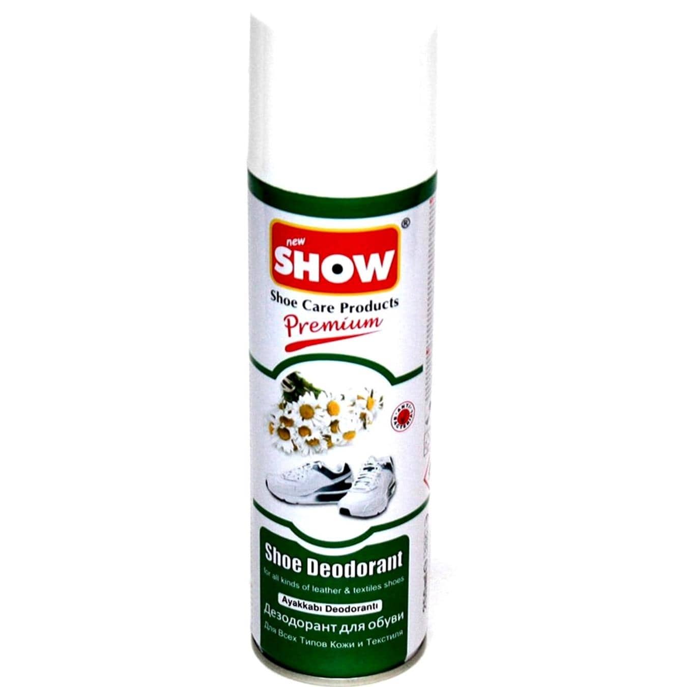 A can of SHOW Shoe Deodorant Spray 250ml from the brand Shoestring is labeled "Shoe Care Products Premium" and features images of chamomile flowers with a pair of crisp white sneakers. This spray, ideal for both leather and textile shoes, includes multilingual text encouraging users to enjoy rejuvenated shoes.