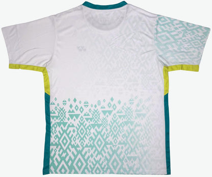 The Yonex YTM11 Men’s Tennis T-Shirt in white features teal geometric patterns, yellow side accents, and teal trim, made with Air-Release fabric for superior breathability.