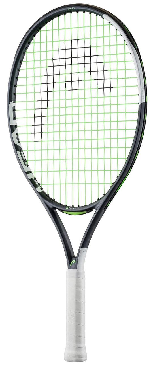 The HEAD IG Speed Junior 23 2026 Tennis Racket is a black and green kids' racket with a white grip, green strings, and a large logo on the strings. This lightweight graphite HEAD racket is ideal for young players.