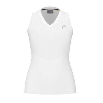 Introducing the HEAD Performance Women's Tennis Tank Top in white, featuring a sleeveless design with a V-neckline and a subtle logo on the upper left side. This sportswear piece from HEAD is crafted with moisture transfer technology, ensuring lightweight fabric that's ideal for sports or exercise.
