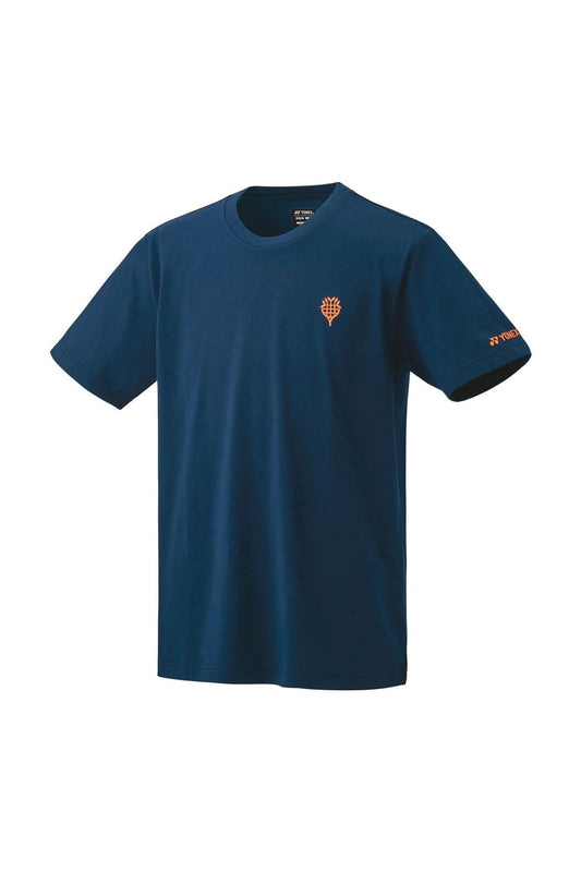 Presenting the Yonex Nature Series 16702 T-Shirt in Midnight Navy: a stylish short-sleeve tee made from recycled polyester. It features a distinctive small orange emblem on the left chest and orange text on the left sleeve, along with UV reduction for enhanced protection.