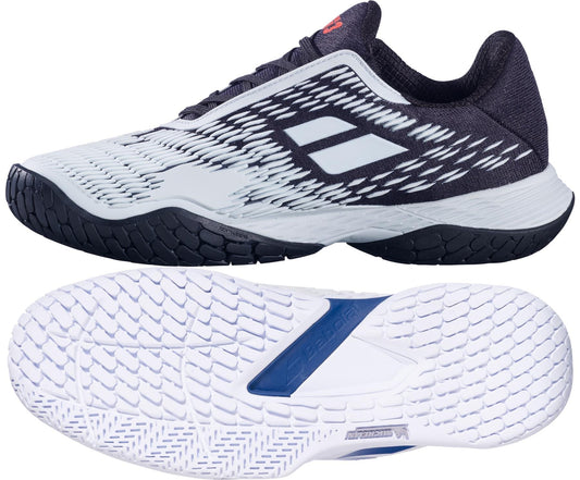 The Babolat Propulse Fury 3 All Court Men's Tennis Shoes in Black/Illusion Blue are displayed from the side and bottom, featuring a textured upper, patterned sole, and the Babolat logo on the side.