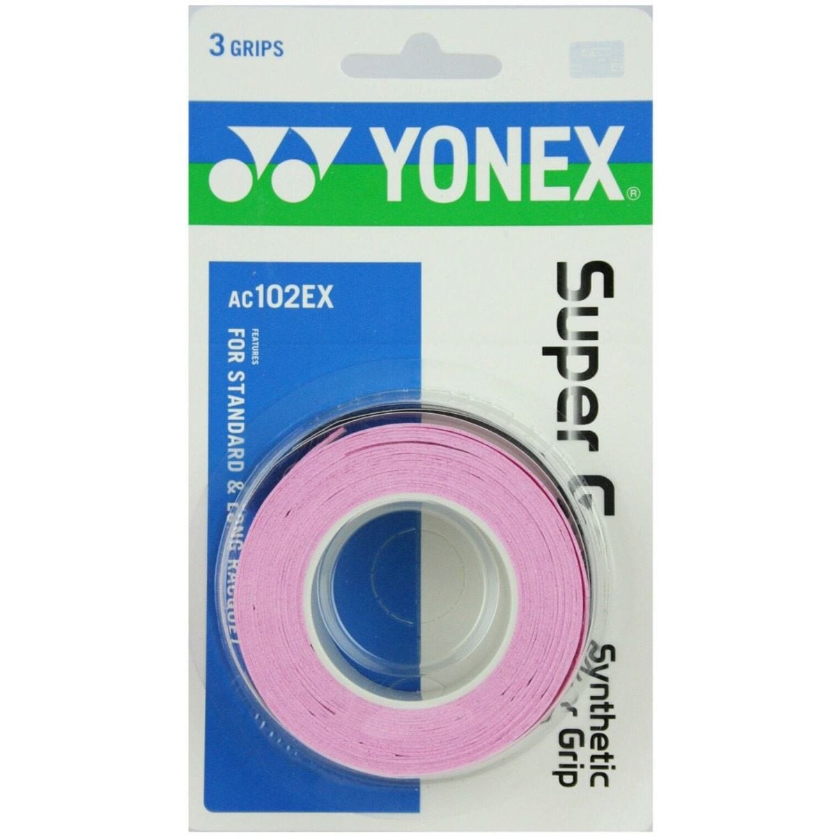 A Yonex AC102EX Super Grap Tennis Overgrip - 3 Pack in pink is shown, with "3 grips" marked at the top on white, green, and blue Yonex packaging featuring printed product details.