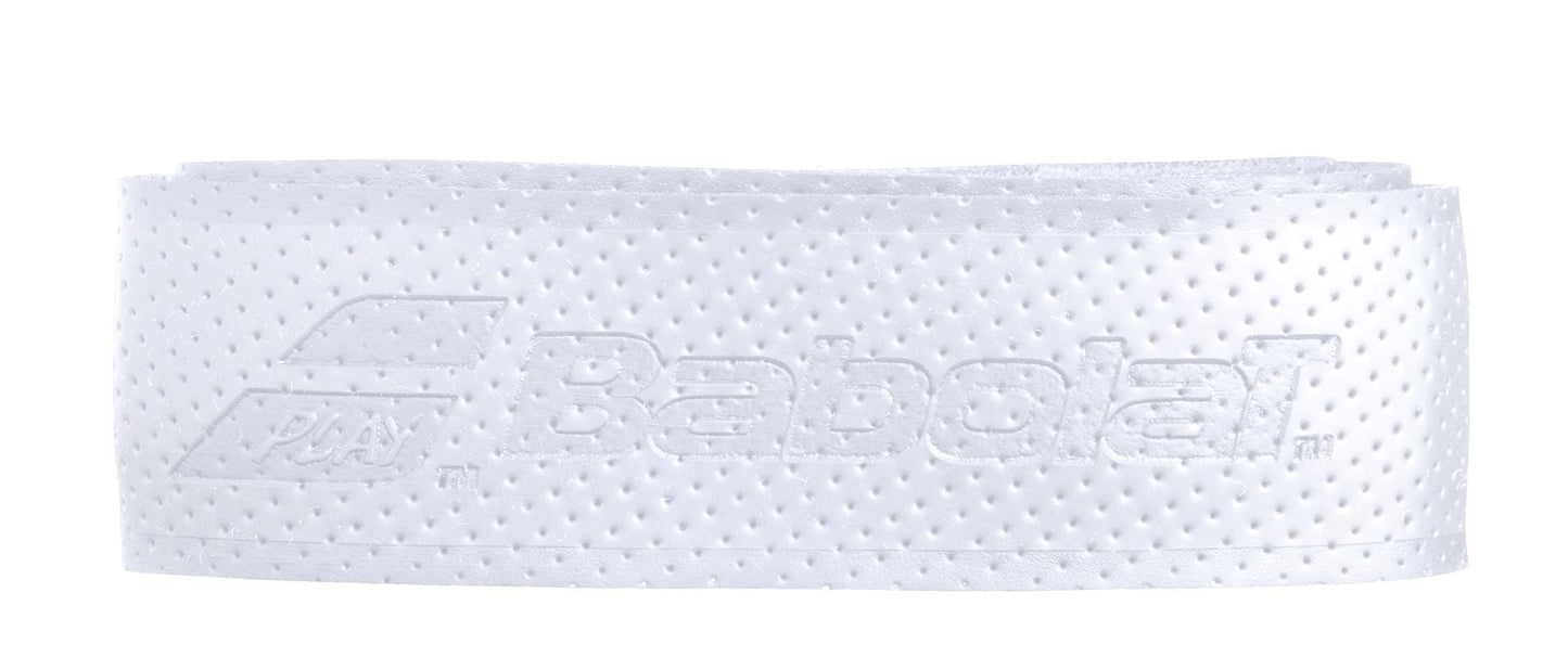 A rolled-up Babolat Syntec Evo X1 Replacement Tennis Grip in white is available, ideal for replacing your current grip. It features the Babolat logo with stylized text and graphics, and its perforated design is crafted to enhance the grip on tennis rackets.