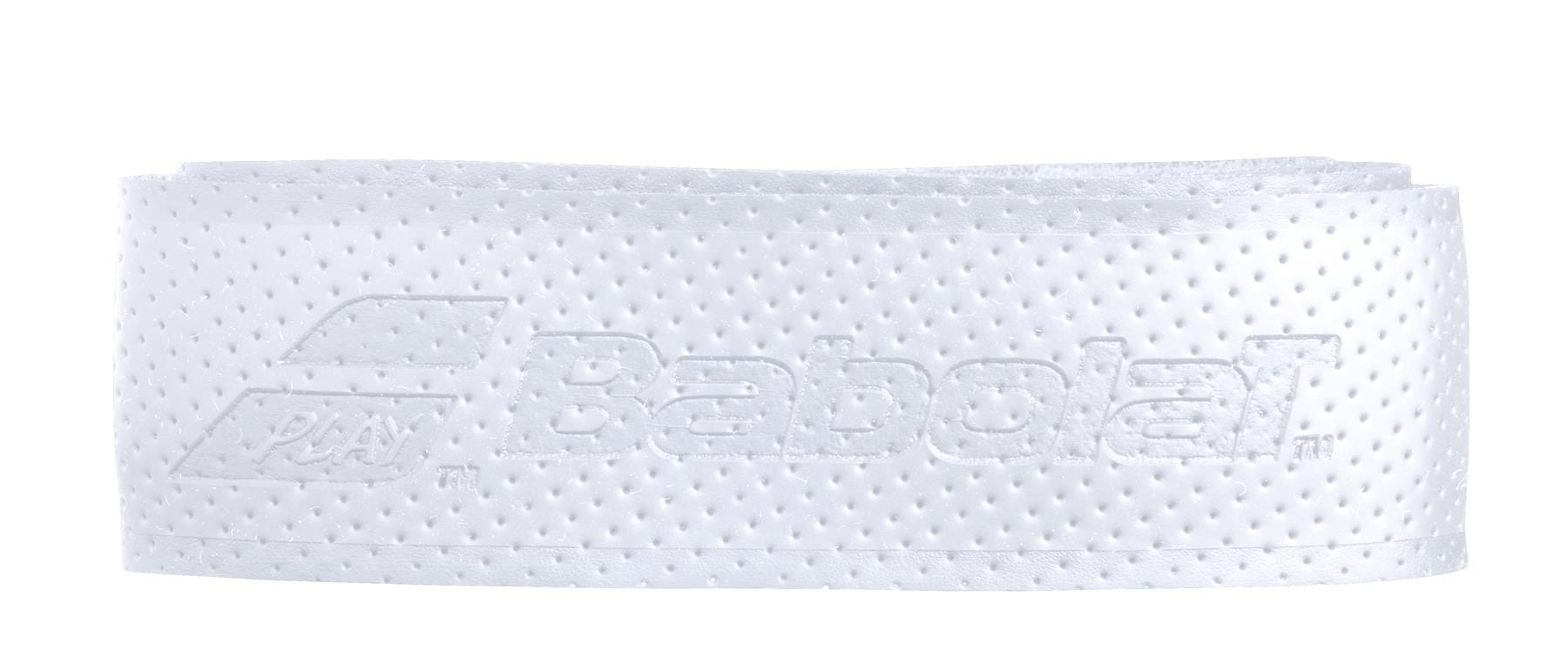 A rolled-up Babolat Syntec Evo X1 Replacement Tennis Grip in white is available, ideal for replacing your current grip. It features the Babolat logo with stylized text and graphics, and its perforated design is crafted to enhance the grip on tennis rackets.