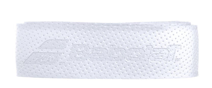 A rolled-up Babolat Syntec Evo X1 Replacement Tennis Grip in white is available, ideal for replacing your current grip. It features the Babolat logo with stylized text and graphics, and its perforated design is crafted to enhance the grip on tennis rackets.