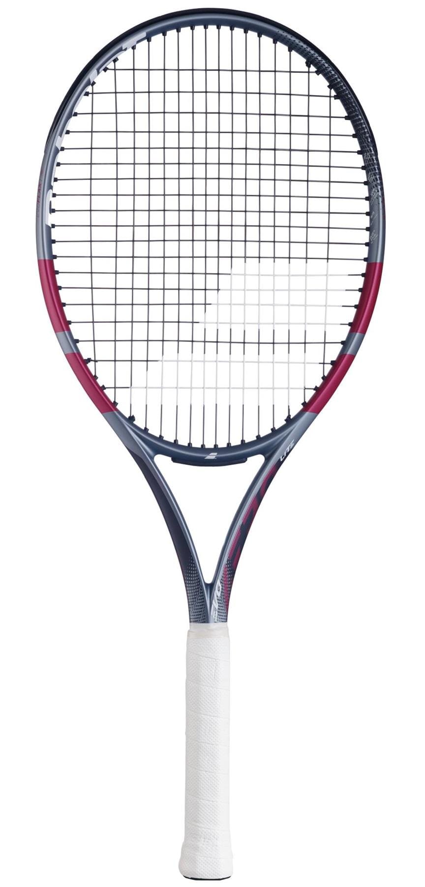 The Babolat Evo Aero Lite Pink 2026 tennis racket, a lightweight Babolat model with a pink-accented dark frame and white grip, is shown vertically against a white background.