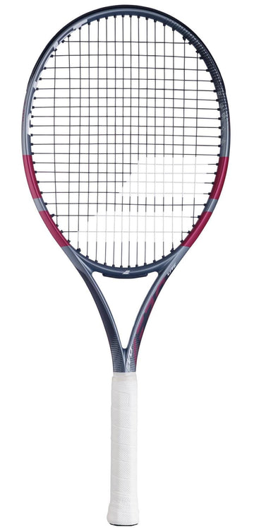 The Babolat Evo Aero Lite Pink 2026 tennis racket, a lightweight Babolat model with a pink-accented dark frame and white grip, is shown vertically against a white background.