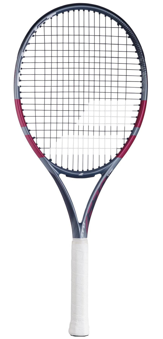 The Babolat Evo Aero Lite Pink 2026 tennis racket, a lightweight Babolat model with a pink-accented dark frame and white grip, is shown vertically against a white background.