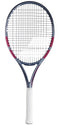 The Babolat Evo Aero Lite Pink 2026 tennis racket, a lightweight Babolat model with a pink-accented dark frame and white grip, is shown vertically against a white background.