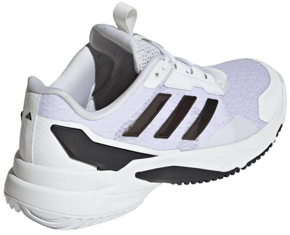 The ADIDAS Crazyflight 6 Men's Indoor Tennis Shoes in white feature black accents, the adidas three-stripe logo, a textured sole, and a pull tab on the heel for enhanced men's indoor court performance.