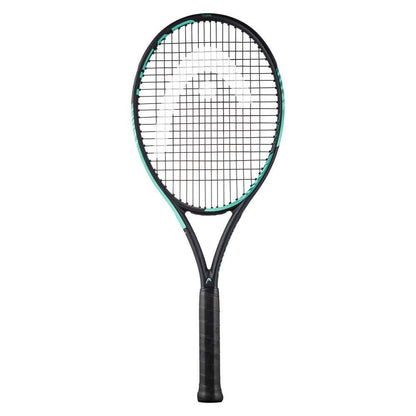 The HEAD IG Challenge Team Tennis Racket - Mint, showcasing a sleek black and green design with full graphite construction, has a tightly strung net and a dark grip handle. Positioned upright against a plain white background, it promises exceptional maneuverability and speed on the court.