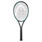 The HEAD IG Challenge Team Tennis Racket - Mint, showcasing a sleek black and green design with full graphite construction, has a tightly strung net and a dark grip handle. Positioned upright against a plain white background, it promises exceptional maneuverability and speed on the court.