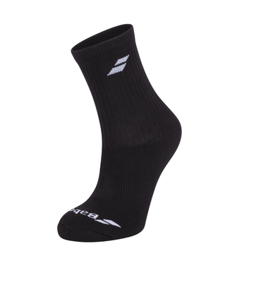 The Babolat Long Socks - Black 3 Pack showcases a sleek design with each sock featuring the iconic white Babolat logo near the top and on the toe. The high-quality craftsmanship of these socks enhances breathability and offers unmatched comfort for any activity.