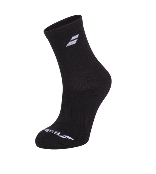 The Babolat Long Socks - Black 3 Pack showcases a sleek design with each sock featuring the iconic white Babolat logo near the top and on the toe. The high-quality craftsmanship of these socks enhances breathability and offers unmatched comfort for any activity.