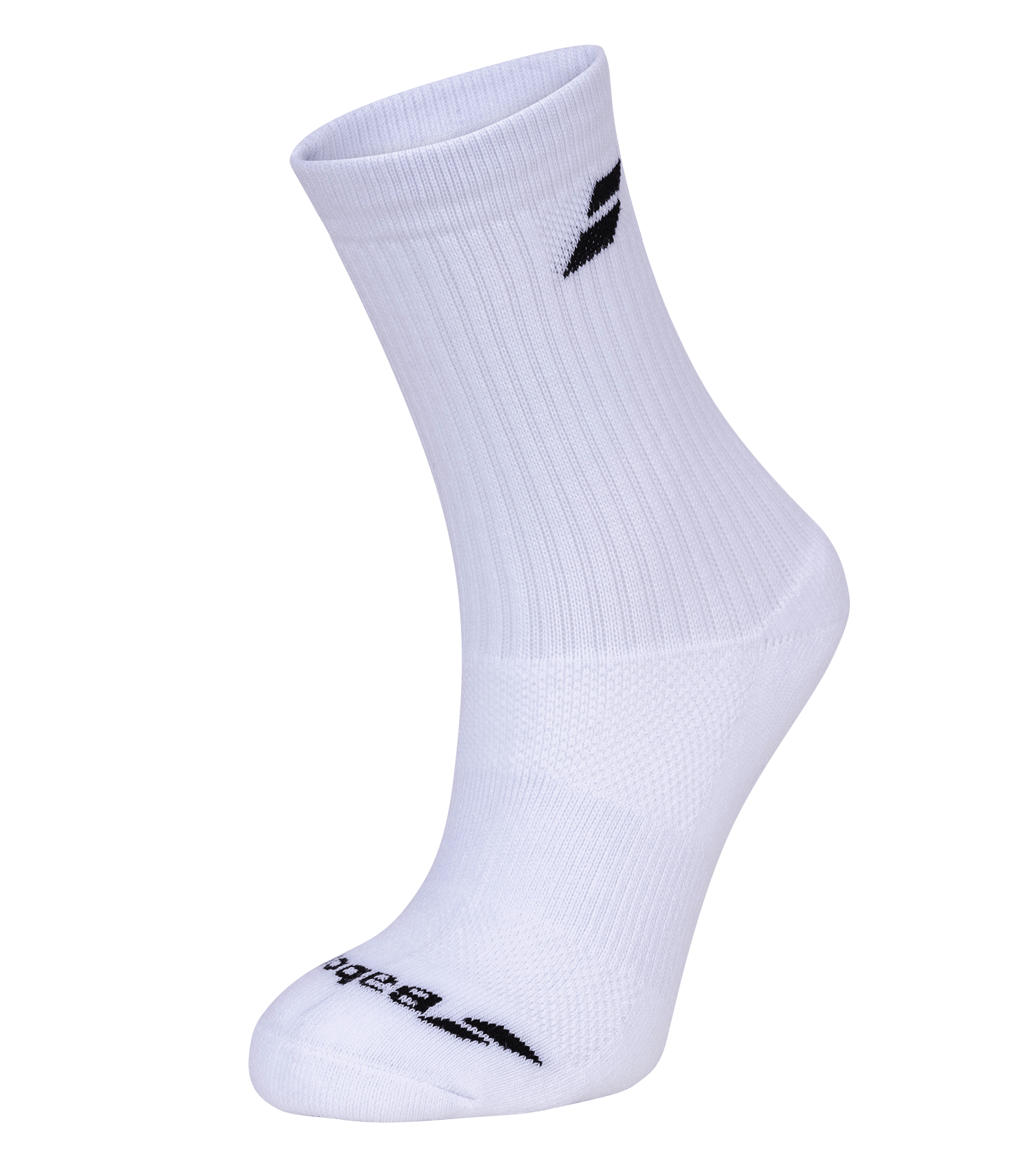 A Babolat Long Sock from the White 3 Pack is showcased against a white background, featuring a ribbed texture and a black logo near the top. The sock is designed for comfort and breathability, appearing pristine and unused.