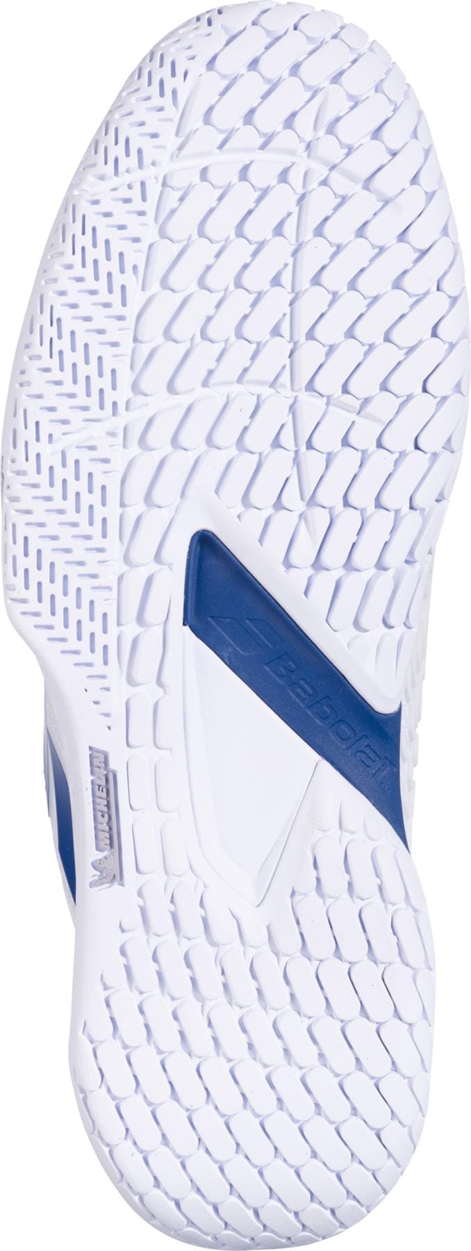 The image shows the white sole of the Babolat Propulse Fury 3 All Court Men's Tennis Shoe in White/Dark Blue, featuring a textured herringbone and grid pattern for optimal grip and traction on all court surfaces.