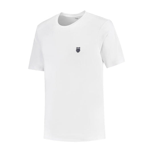 The K-Swiss Hypercourt Basic Crew Men's Tennis T-Shirt in white showcases a small black and white shield logo on the left chest. Featuring short sleeves and a round neckline, this tee blends comfort with timeless style.