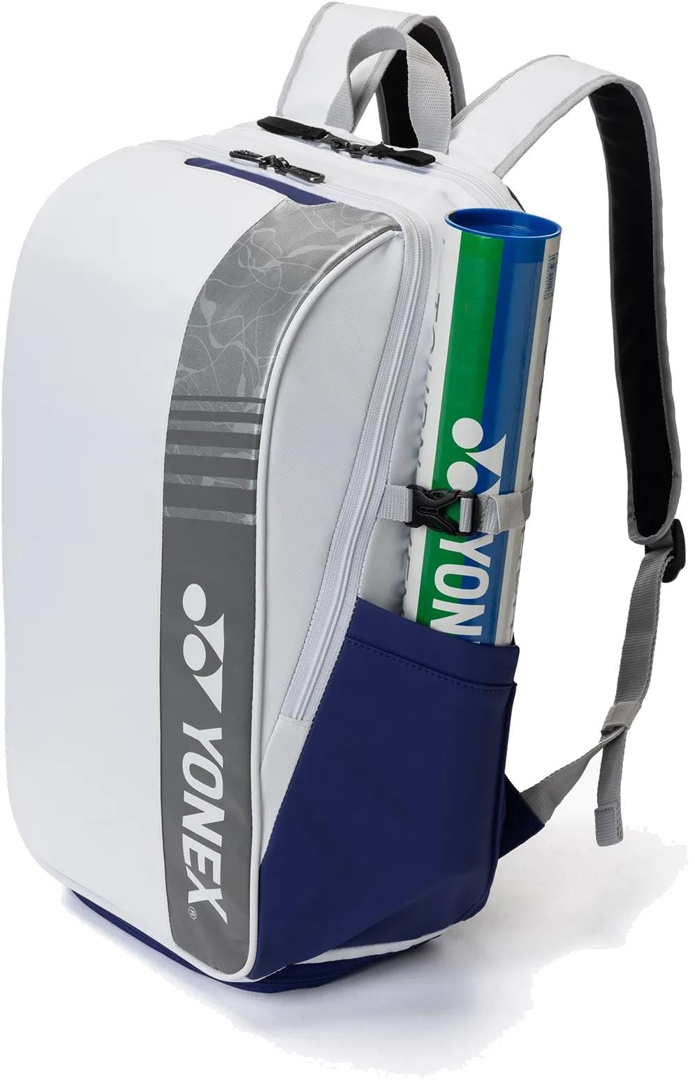 The Yonex BA52512EX Club Tennis Backpack in White/Blue features a side pocket holding two shuttlecock tubes, padded shoulder straps, and visible Yonex branding on both the bag and tubes.