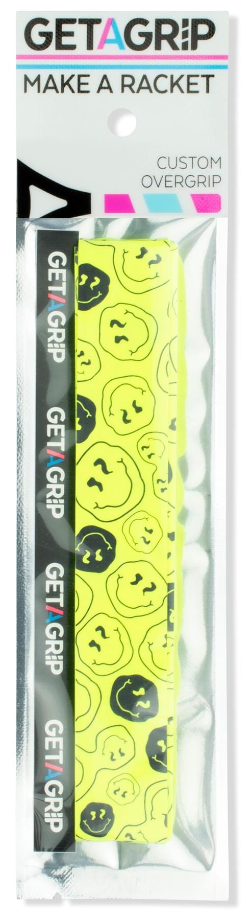 A pack of Get A Grip Tennis Overgrip - Smiley features a bright yellow grip with black cartoon faces, branded with "Get A Grip" and the slogan "MAKE A RACKET"—a fun tennis gift for any player.