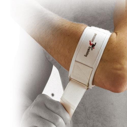 A person is adjusting the strap of a white lightweight compression wrist support that features a "Precision" logo, ensuring focus on the forearm and hand while resembling the Precision Tennis Elbow Strap for enhanced durability and comfort.