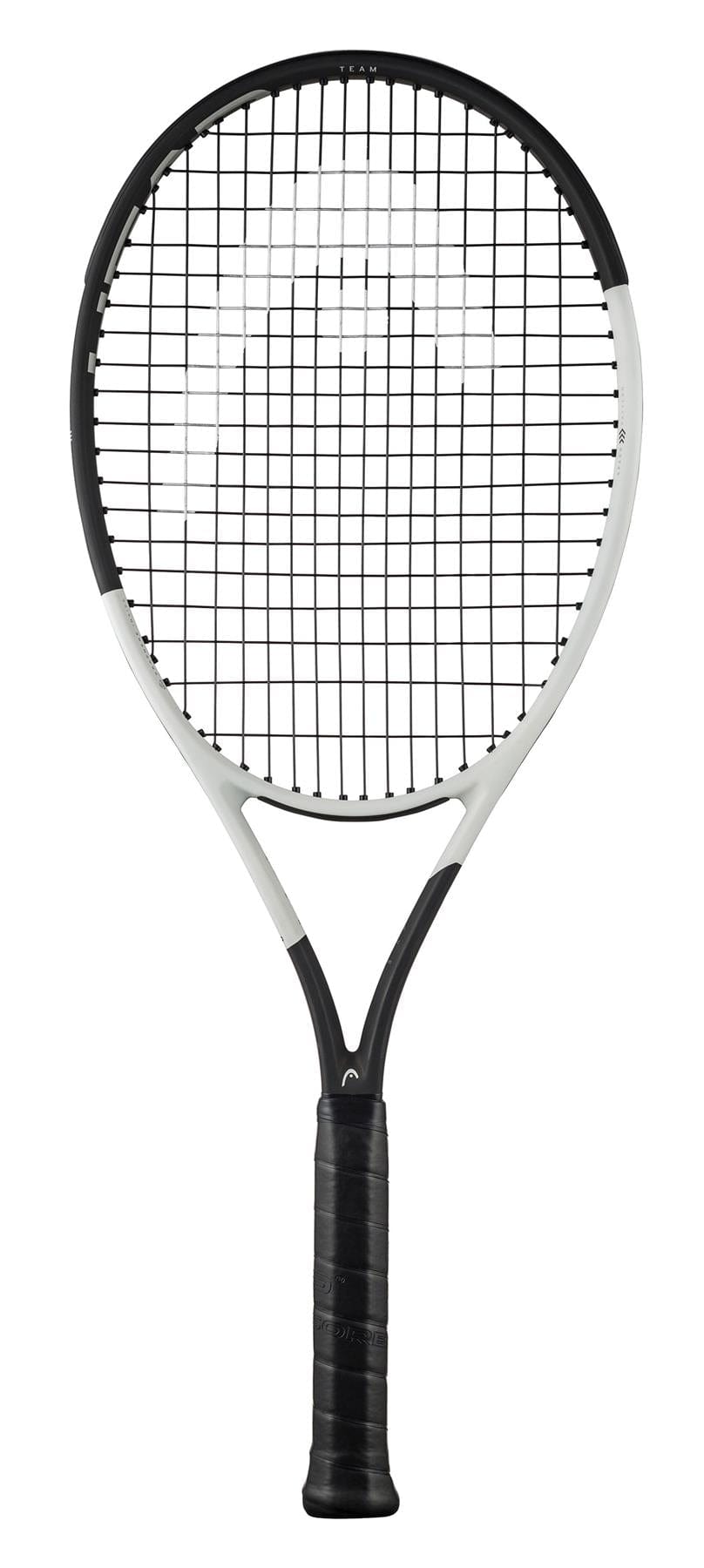 The HEAD Speed Team 2024 Tennis Racket by HEAD boasts a black grip and an elegant white-and-black frame, incorporating Graphene Inside for superior performance. Its string pattern utilizes Auxetic 2.0 technology to provide precision and power on the court, all displayed against a plain white background.