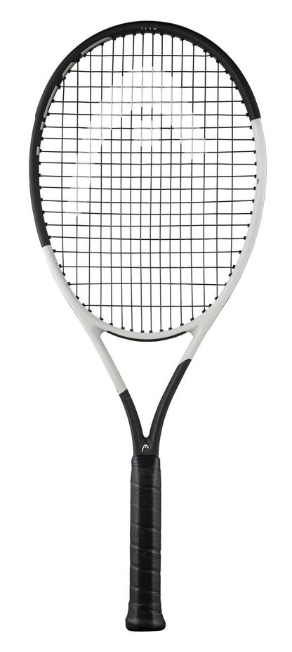 The HEAD Speed Team 2024 Tennis Racket by HEAD boasts a black grip and an elegant white-and-black frame, incorporating Graphene Inside for superior performance. Its string pattern utilizes Auxetic 2.0 technology to provide precision and power on the court, all displayed against a plain white background.