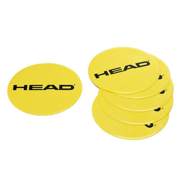 A set of six yellow HEAD Tennis Training Targets, each featuring the word "HEAD" in black, is ideal for enhancing coordination during fitness exercises. One target is separate from the stack.