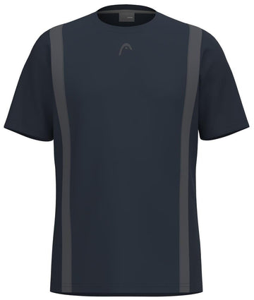 Introducing the HEAD Club Tech 25 Men's Tennis T-Shirt: A sleek navy tee with two lighter gray stripes from shoulders to hem, featuring a subtle chest logo. Designed with moisture-transfer microfiber technology, it offers optimal performance and style.