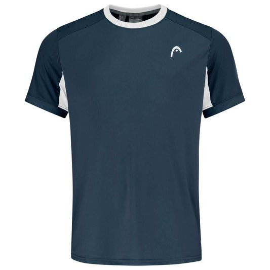 Introducing the HEAD Slice Men's Tennis T-Shirt in navy, featuring short sleeves and white side and sleeve panels. This athletic shirt is designed with advanced Moisture Transfer Microfiber technology, a small logo on the left chest, and a breathable mesh back to ensure optimal ventilation during play.