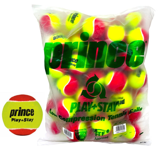 A see-through bag holds numerous red and yellow low-compression tennis balls featuring the "Prince" logo. One of the tennis balls outside the bag displays the "Prince Play & Stay Stage 3" branding, indicating its ideal use for beginners.