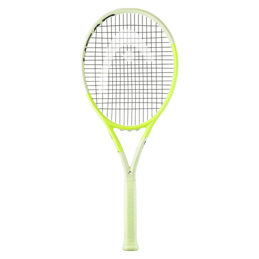 The HEAD Extreme Elite 2024 Tennis Racket - Green, by HEAD, showcases a primarily white frame accented with neon yellow and includes a light green grip. Equipped with Auxetic 2.0 technology, this racket is designed for extreme spin and features a sleek, modern design with tightly strung strings for optimal performance.