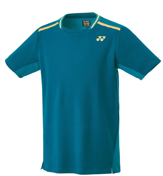 The Yonex 10559EX Men's Tennis T-Shirt in Blue Green is an athletic tee featuring short sleeves and yellow accents on the shoulders. It displays a logo on the upper left chest and provides UV reduction, being made from lightweight, breathable material—ideal for staying cool during sports activities.