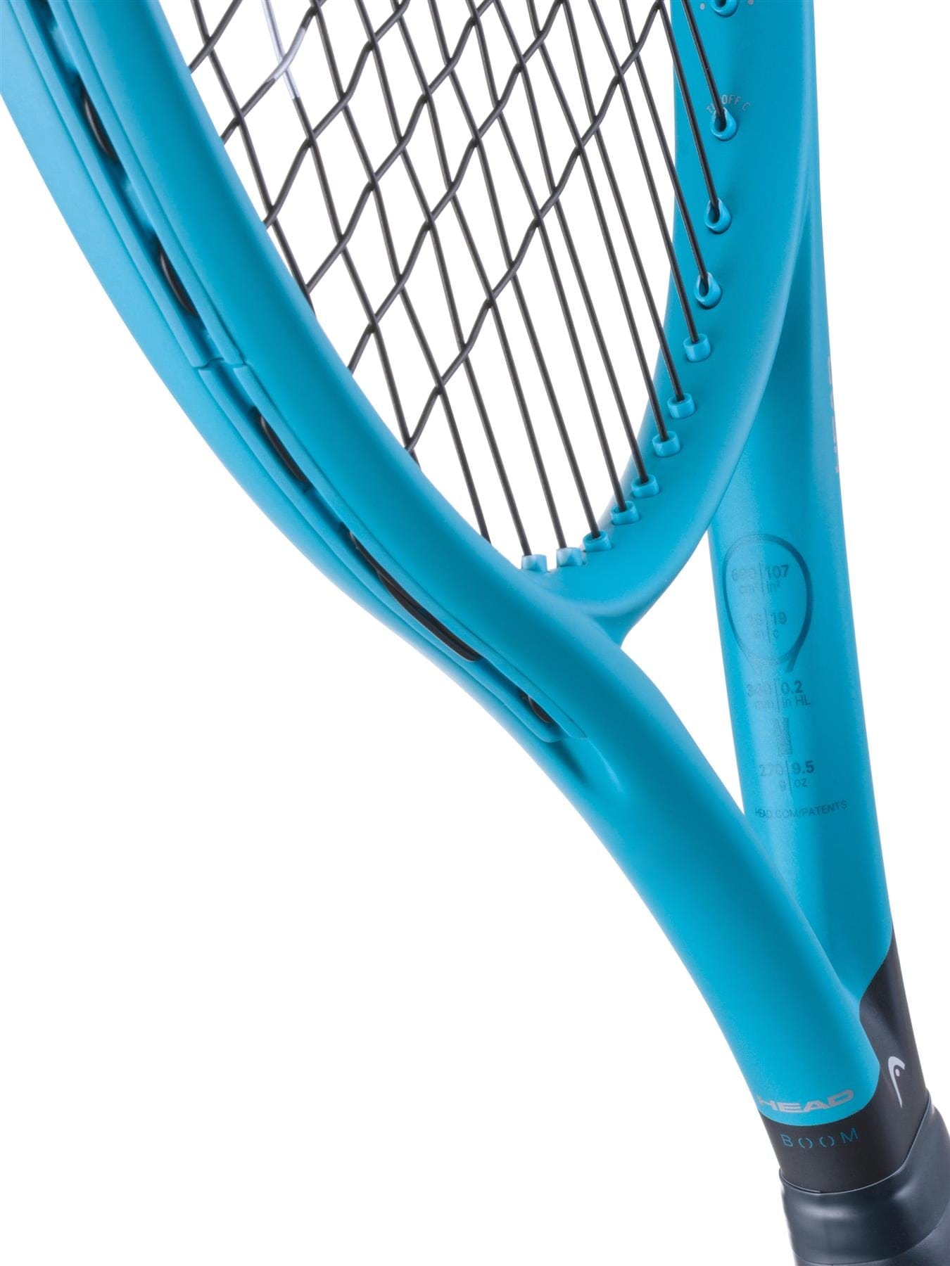 Close-up of the HEAD Boom Elite 2026 Tennis Racket frame and strings, showcasing textured details, string tension, and part of the HEAD logo—crafted for players who value power and comfort.