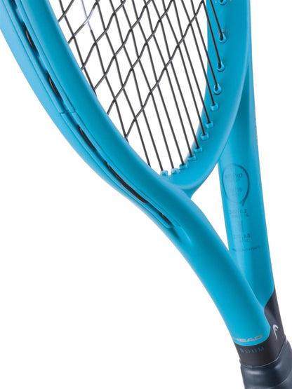 Close-up of the HEAD Boom Elite 2026 Tennis Racket frame and strings, showcasing textured details, string tension, and part of the HEAD logo—crafted for players who value power and comfort.