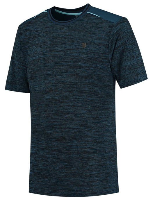 The K-Swiss Hypercourt Tennis T-Shirt in Blue Opal Melange is inspired by the renowned K-Swiss Hypercourt line and showcases a gentle heather pattern with a discreet emblem on the chest. Engineered for high-performance, it includes short sleeves and features a crew neckline accented with a slightly lighter blue tone on the shoulder area.