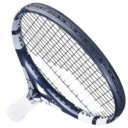 The Babolat Evo Drive 115 Wimbledon Tennis Racket - Blue features a stunning black and white design complemented by a checkerboard string pattern. Positioned diagonally with the head facing upward, its handle is wrapped in a sleek white grip, showcasing modern elegance.