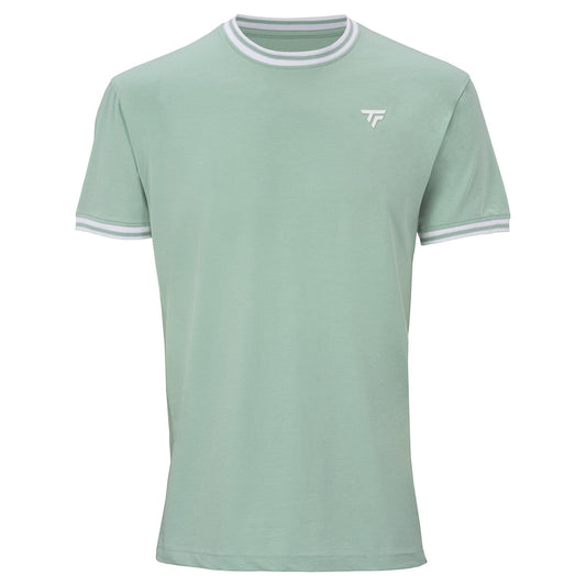 The Tecnifibre Team Stretch Men's Tennis T-Shirt in sage green is made from organic cotton, with white and light gray trim on the collar and sleeves, plus a small white Tecnifibre logo on the left chest.