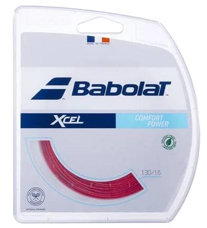 The Babolat XCEL Tennis String (12m) - Red features a clear front showing red multifilament strings, with prominent Babolat branding and key details highlighted on the packaging.