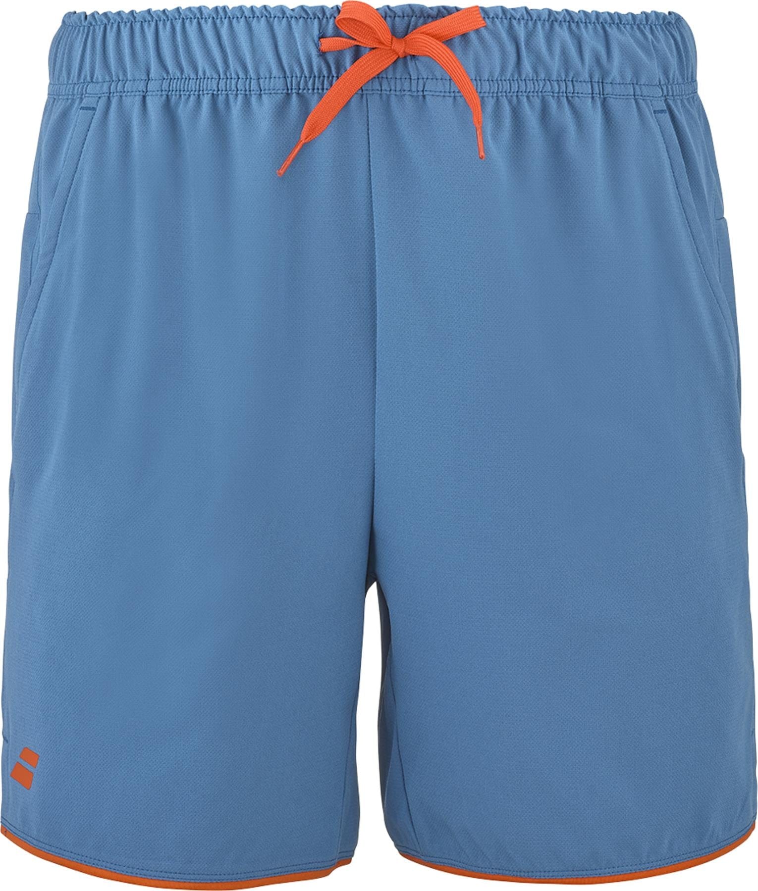 The Babolat Perf Men's Tennis Shorts in Seaport blue feature an orange waistband drawstring, orange-trimmed leg openings, side pockets, and a small orange logo near the bottom left hem.