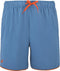 The Babolat Perf Men's Tennis Shorts in Seaport blue feature an orange waistband drawstring, orange-trimmed leg openings, side pockets, and a small orange logo near the bottom left hem.