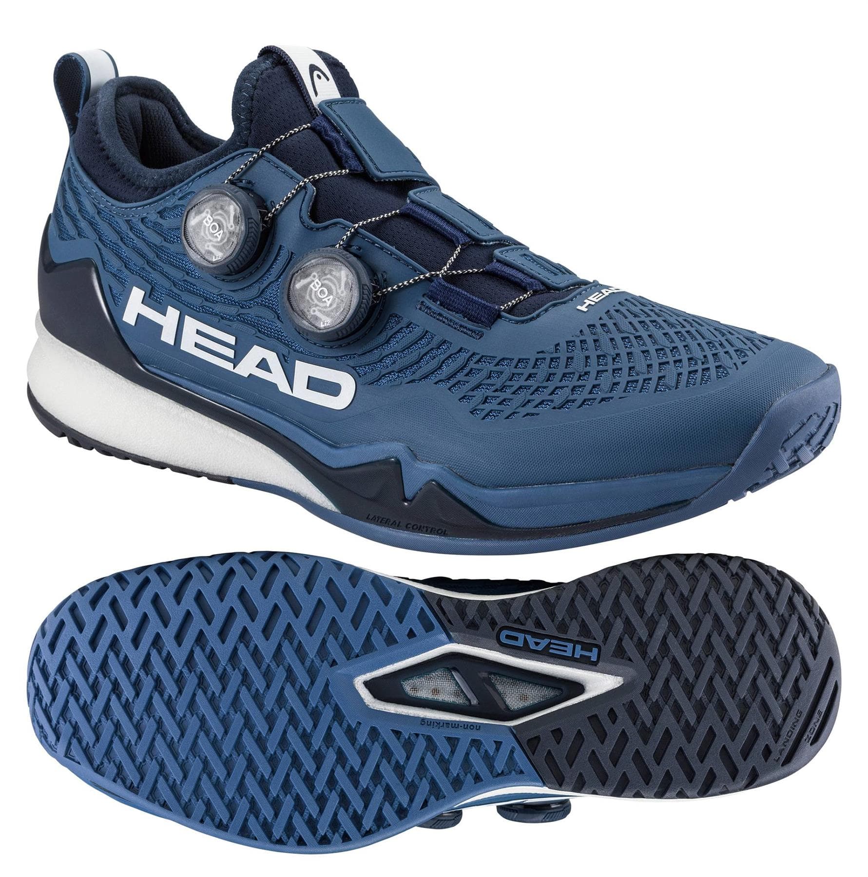 The HEAD Endure Pro BOA Men's Tennis Shoes in dark blue/navy feature white "HEAD" branding, textured mesh, dual BOA dials, and a patterned rubber sole. Shown from side and sole views, they're built for court durability.
